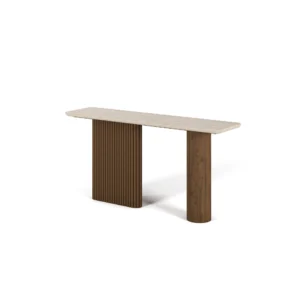Livia Console, an elegant console table by Nolita Harbour in travertine and wood, with ribbed cylindrical legs and refined form.