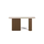 Livia Console, a sculptural console table by Nolita Harbour combines travertine top and wood legs for a calm, balanced presence.