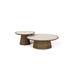 Liz Coffee Table by Nolita Harbour, a modular coffee table in walnut wood and travertine stone tops.