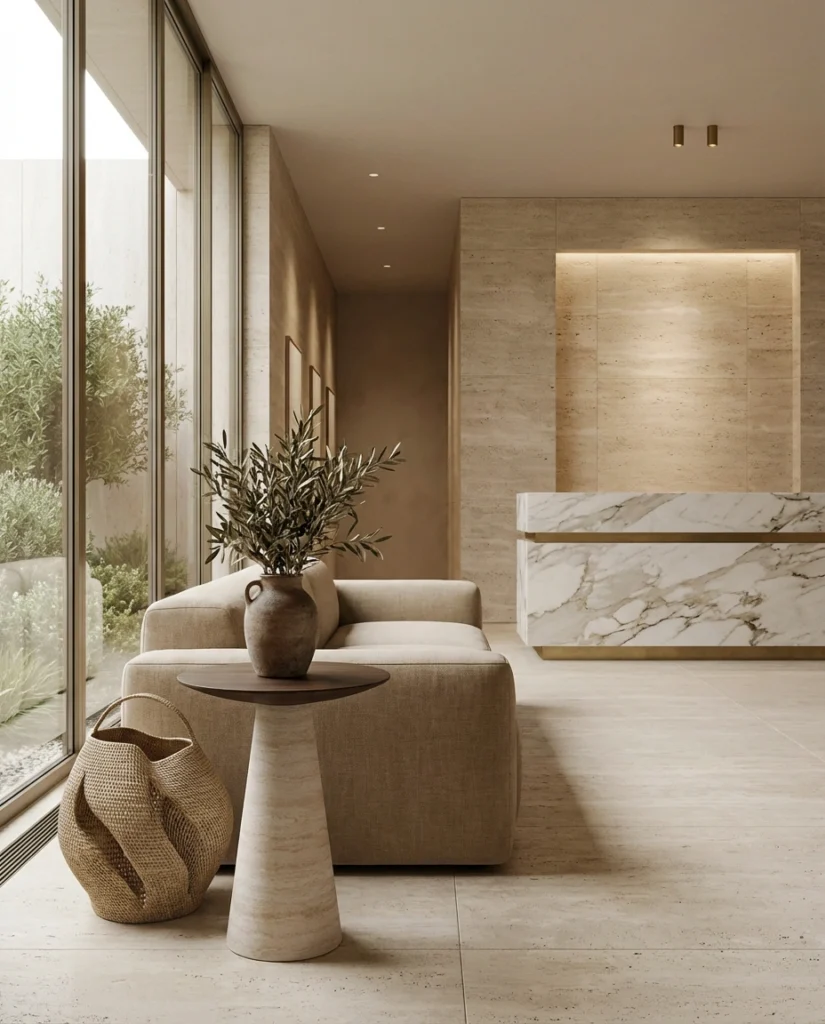Accompanying a sofa at a lobby, sits the high end walnut Lotte side table, by Nolita Harbour.