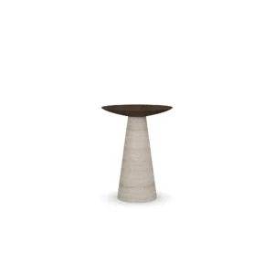 Lotte Side Table, an elegant side table by Nolita Harbour in walnut and stone, featuring a warm wooden top and a solid base.