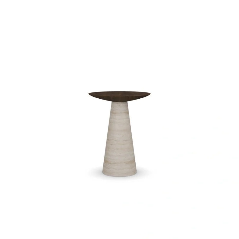 Lotte Side Table, an elegant side table by Nolita Harbour in walnut and stone, featuring a warm wooden top and a solid base.