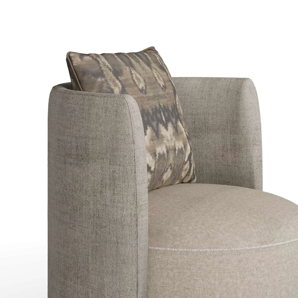Lucie upholstered armchair detail by Nolita Harbour, luxury accent chair with sloped arms and refined wood base.