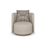 Lucie luxury armchair by Nolita Harbour, upholstered chair with soft architectural curves and elegant wood structure.