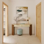 Mae accent stool by Nolita Harbour, upholstery velvet stool with cushioned seat placed in calm, minimalist interior setting.