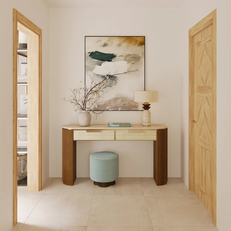 Mae accent stool by Nolita Harbour, upholstery velvet stool with cushioned seat placed in calm, minimalist interior setting.