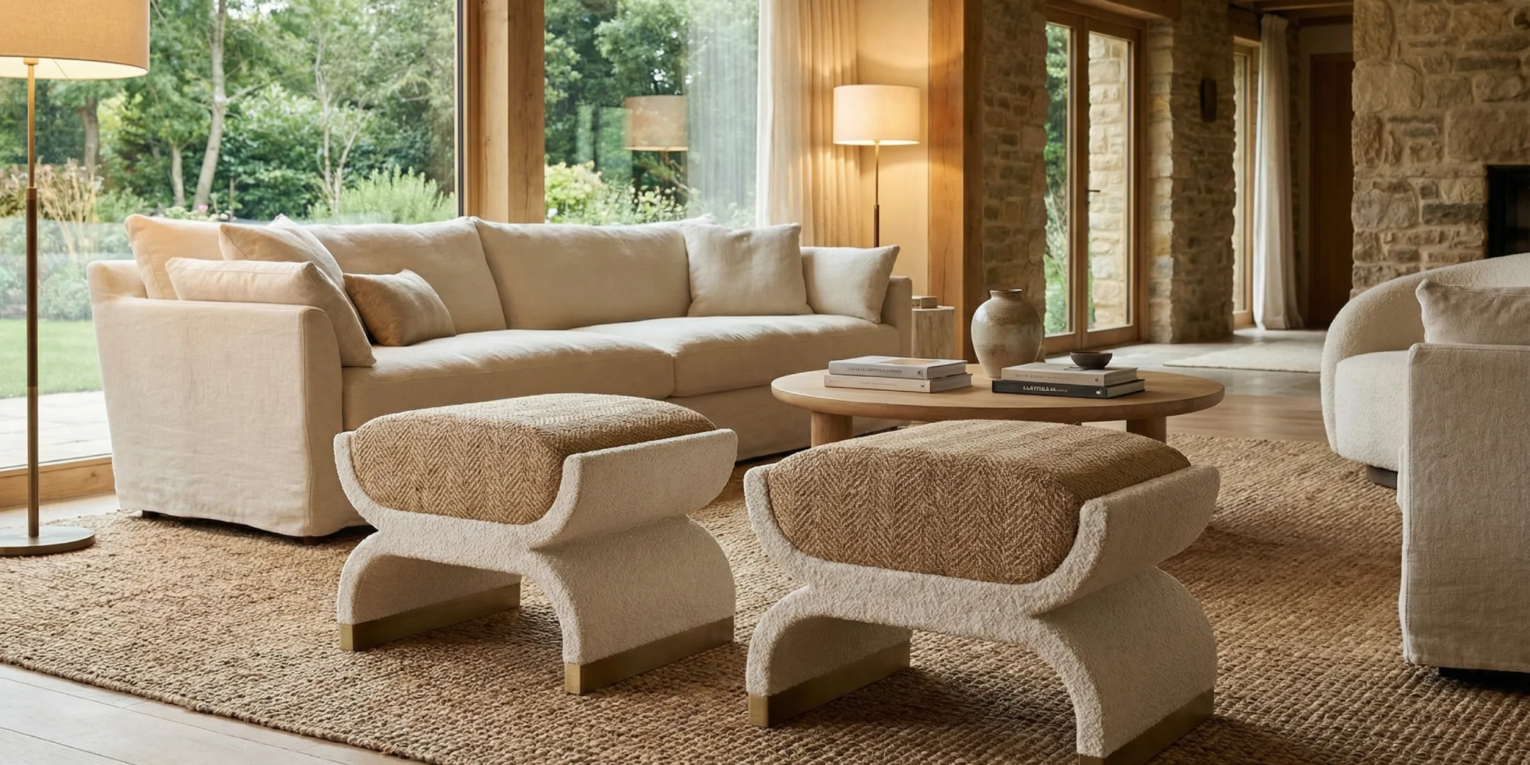 Malou stools in bouclé by Nolita Harbour, sculptural stools upholstered in textured bouclé with curved seats and lightweight built-in bases, perfect for a refined hotel lounge.