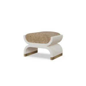 Malou bouclé stool by Nolita Harbour, luxury upholstered accent stool in textured bouclé with sculptural curved seat and light base.