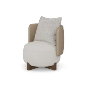 Margot armchair by Nolita Harbour, leather and bouclé upholstered armchair with wood cross-base and sculptural silhouette.