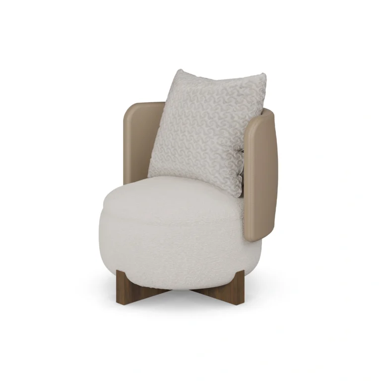 Margot armchair by Nolita Harbour, leather and bouclé upholstered armchair with wood cross-base and sculptural silhouette.