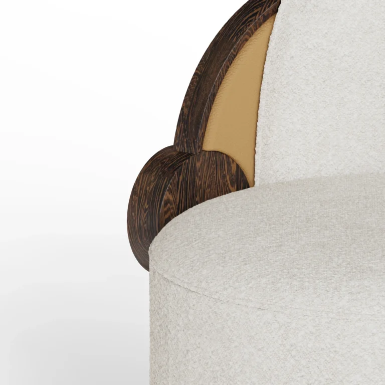 Marie bouclé armchair detail by Nolita Harbour, luxury accent chair with open back and refined walnut structure.