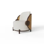 Marie armchair by Nolita Harbour, bouclé upholstered chair with walnut frame and sculptural circular silhouette.