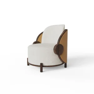 Marie armchair by Nolita Harbour, bouclé upholstered chair with walnut frame and sculptural circular silhouette.