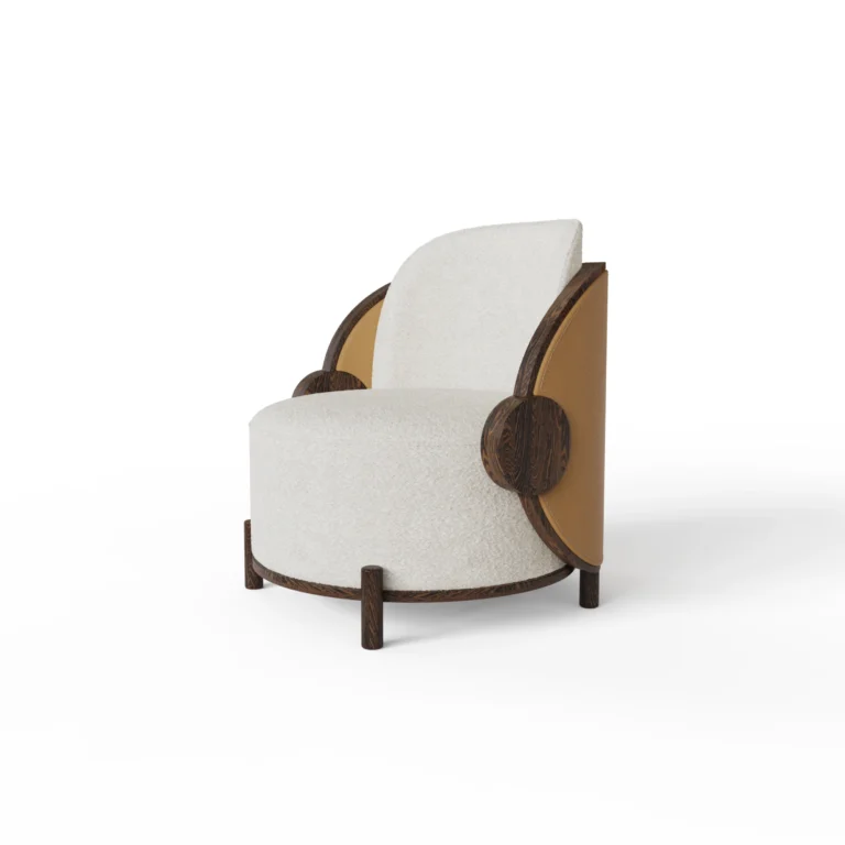 Marie armchair by Nolita Harbour, bouclé upholstered chair with walnut frame and sculptural circular silhouette.