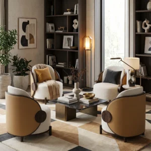 Elegant Nolita Harbour living room with Marie bouclé armchairs, sculptural walnut detailing, curated shelving, and refined contemporary luxury ambiance.