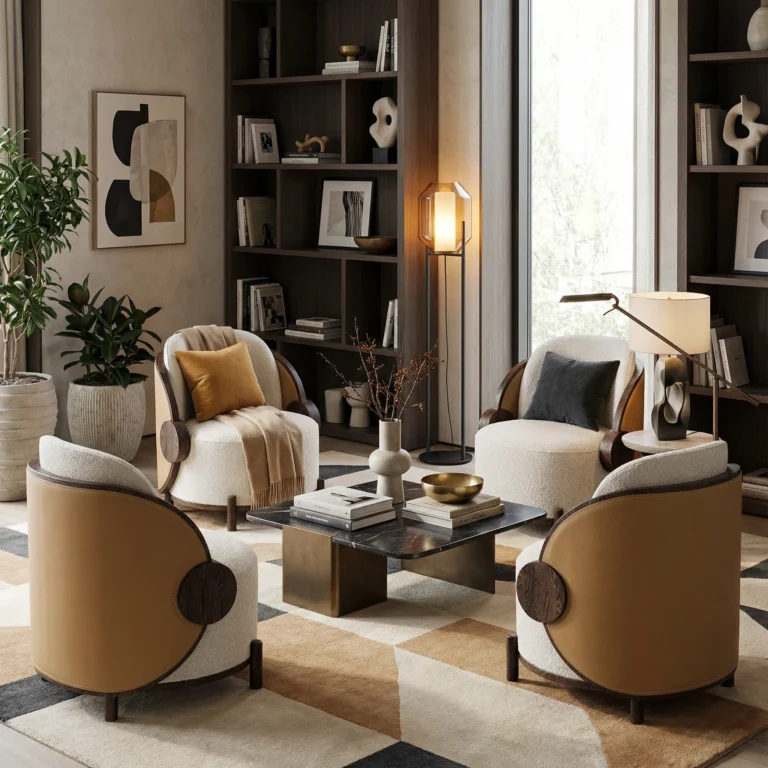 Elegant Nolita Harbour living room with Marie bouclé armchairs, sculptural walnut detailing, curated shelving, and refined contemporary luxury ambiance.