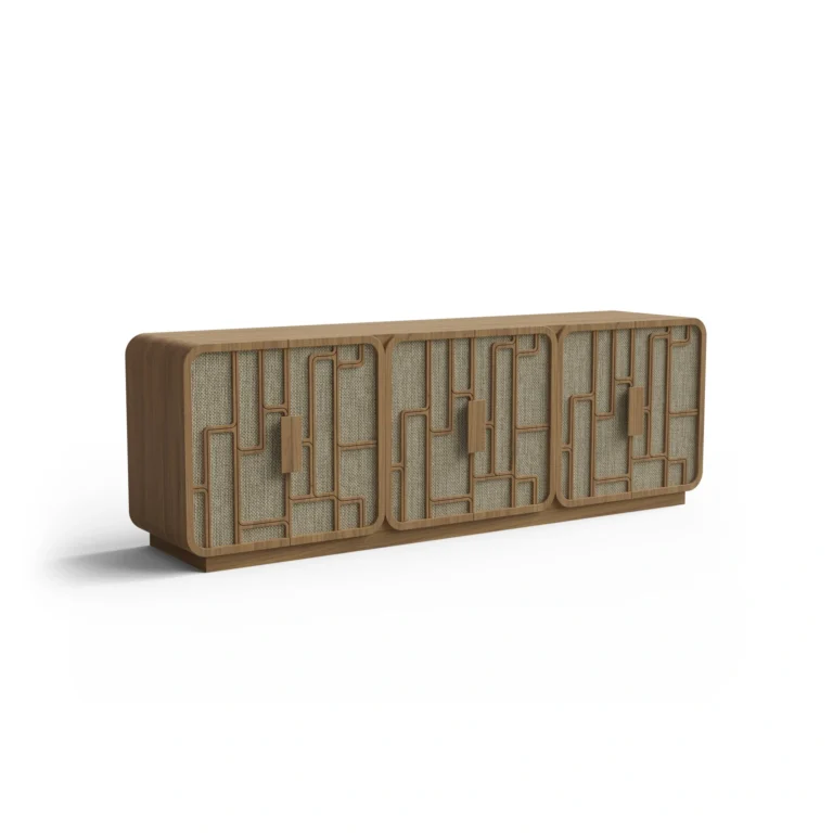 Martin Sideboard, an elegant sideboard by Nolita Harbour in walnut and brass, featuring geometric doors and textured panels