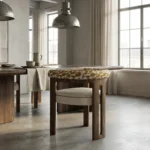 Mathilde dining chair by Nolita Harbour, bouclé upholstered chair with walnut frame and curved arms, sculptural seating in a contemporary dining room.