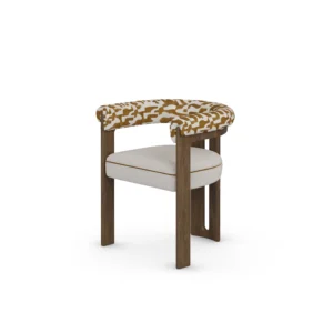 Mathilde dining chair by Nolita Harbour, bouclé upholstered walnut dining chair with curved back, slim arms, and refined architectural silhouette.