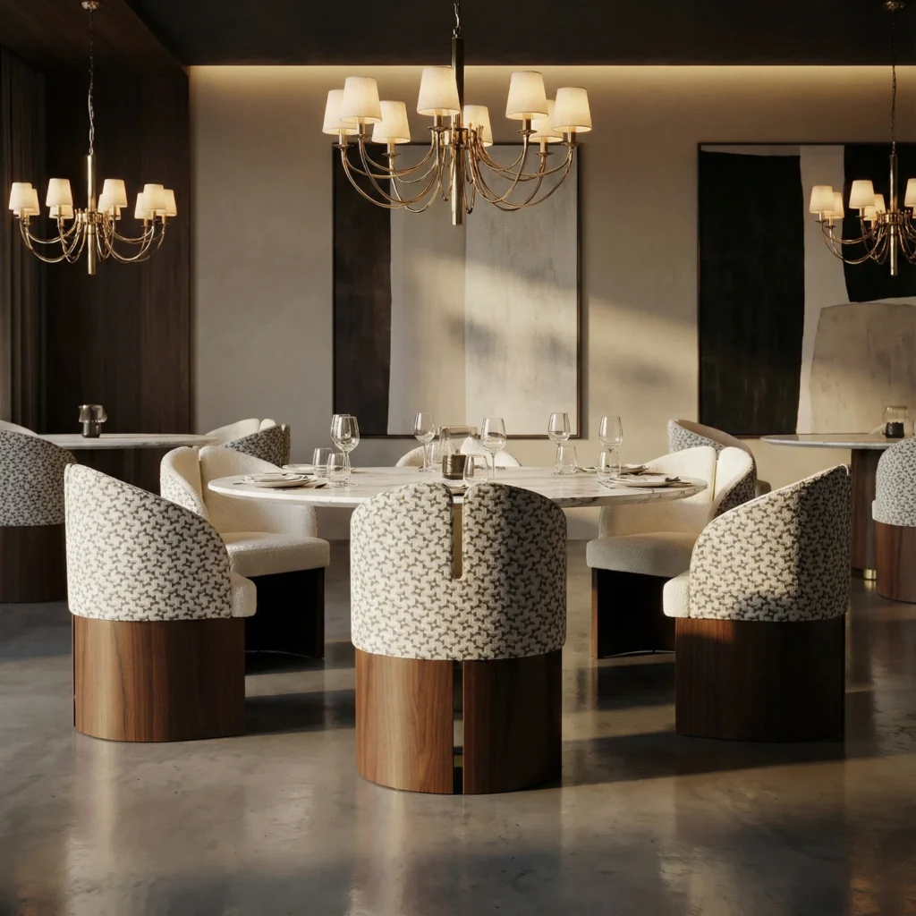 Melli dining chair by Nolita Harbour, bouclé upholstered chair with walnut base and brass spine, sculptural seating in a refined dining room.
