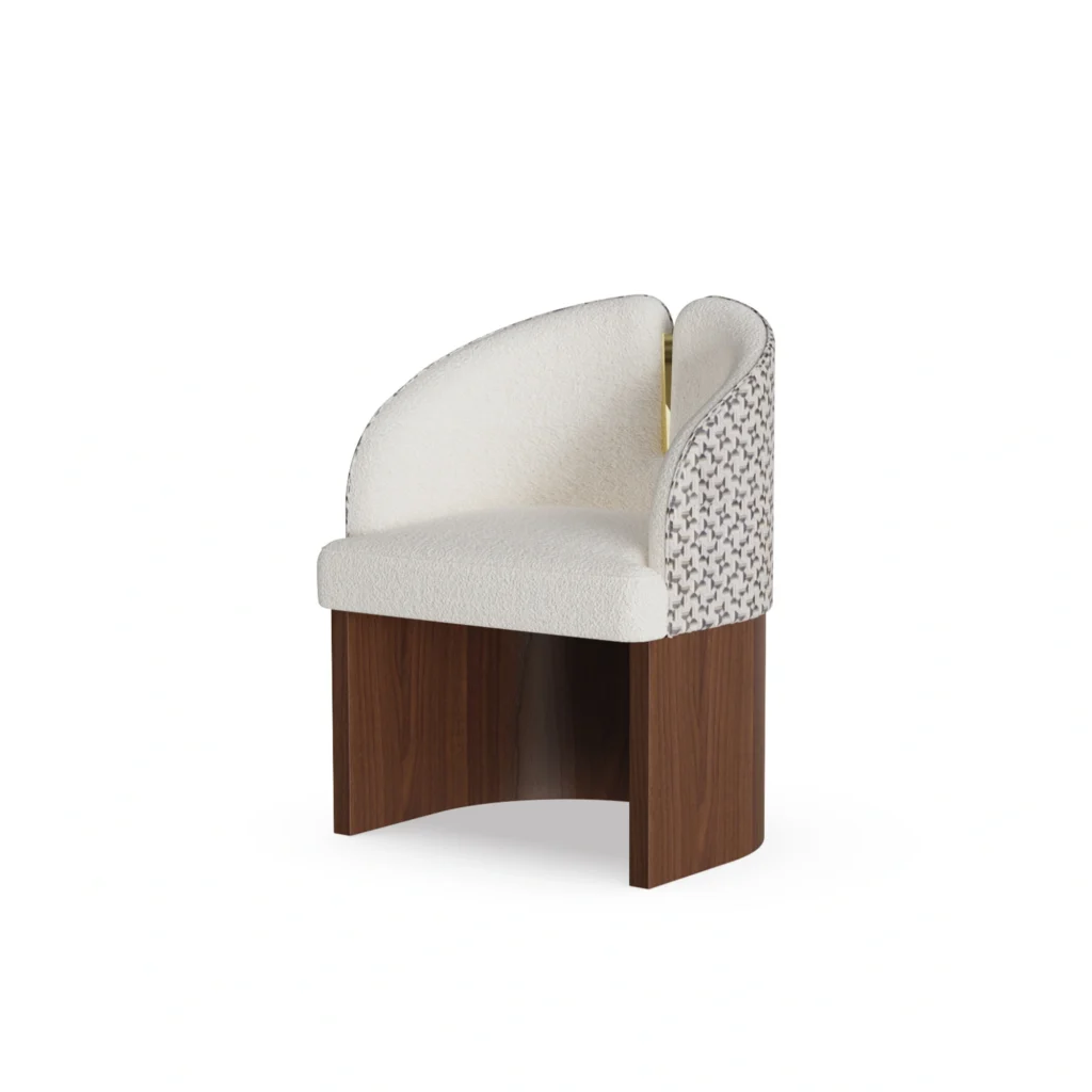 Melli dining chair by Nolita Harbour, bouclé upholstered dining chair with walnut base, brass spine, and sculptural wraparound silhouette.