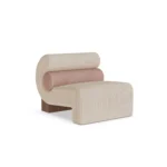 Mia armchair by Nolita Harbour, bouclé upholstered lounge chair with timber base and sculptural rounded silhouette.