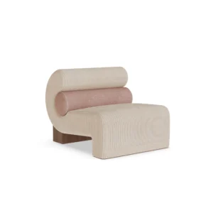 Mia armchair by Nolita Harbour, bouclé upholstered lounge chair with timber base and sculptural rounded silhouette.