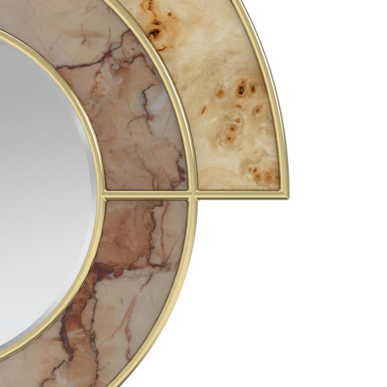 Sierra Mirror with burl wood and marble inlays, brass accents - detail