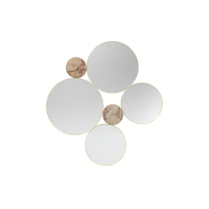 Monique Mirror wall mirror by Nolita Harbour, sculptural design in brass and Aegean Rose marble, featuring a clustered composition of round mirrored discs within a circular architectural frame, where glass and stone alternate to create soft reflections and refined texture in contemporary interiors.