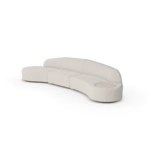 Nathalie II sofa by Nolita Harbour, bouclé sectional sofa with built-in side table and recessed walnut base, curved modular design.