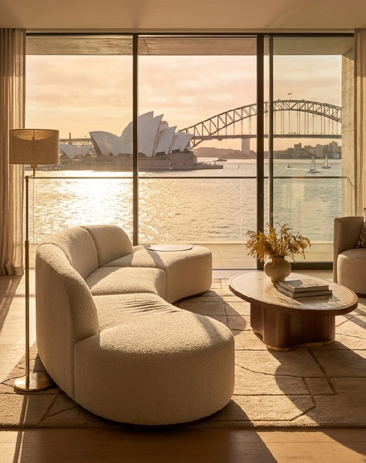 Close-up of Nathalie II sofa by Nolita Harbour, curved bouclé sectional sofa with integrated side table and walnut base, sculptural low-profile seating.