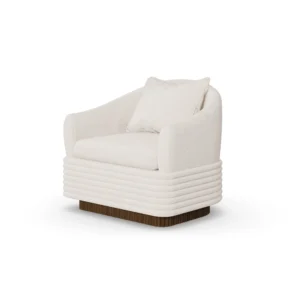 Nina armchair by Nolita Harbour, bouclé lounge chair with walnut frame and sculptural low-profile silhouette.