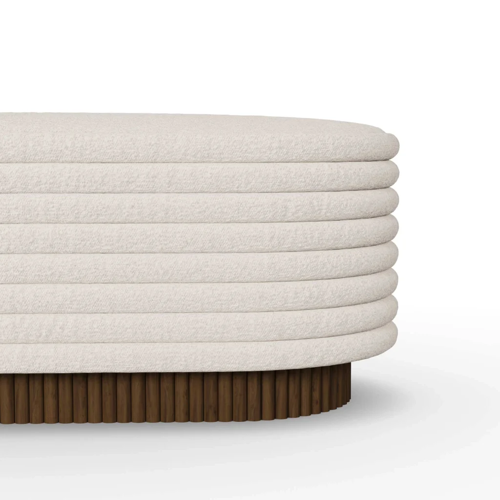 Nina bouclé bench by Nolita Harbour, luxury upholstered bench with recessed wood base and sculptural linear form.
