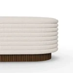 Nina bouclé bench by Nolita Harbour, luxury upholstered bench with recessed wood base and sculptural linear form.
