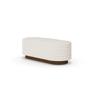 Nina bench by Nolita Harbour, bouclé upholstered bench with recessed walnut base and clean, linear architectural silhouette.