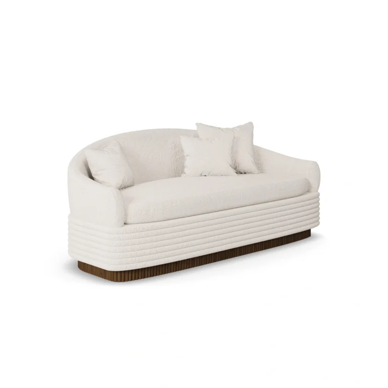 Nina sofa by Nolita Harbour, bouclé upholstered sofa with recessed walnut base and clean, linear sculptural silhouette.