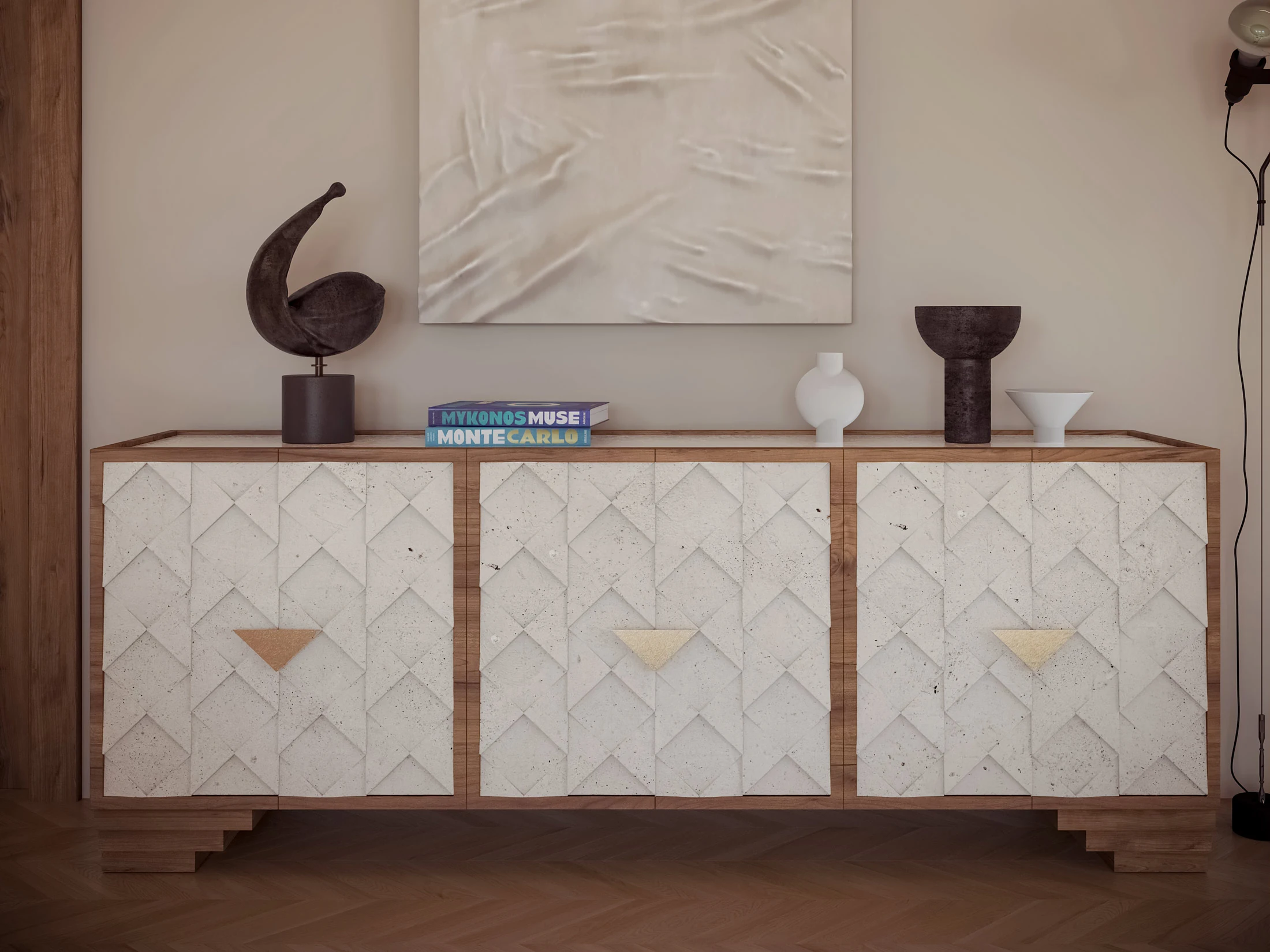 Arthur Sideboard showcasing intricate geometric triangle details and brass accents