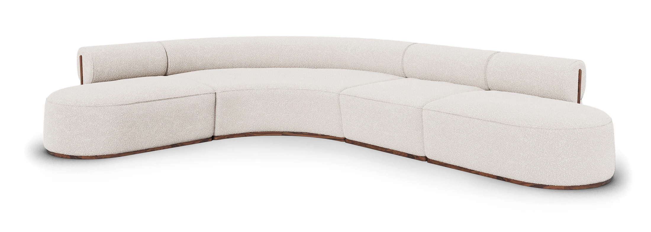 Modern Camille Sectional Sofa by Nolita Harbour, featuring organic curves, walnut accents, and boucle fabric upholstery, ideal for contemporary living spaces.