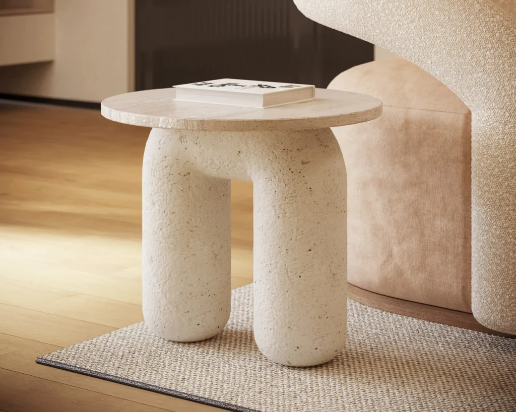 Nolita Harbour Ella Side Table with a sleek travertine top and smooth plaster U-shaped base