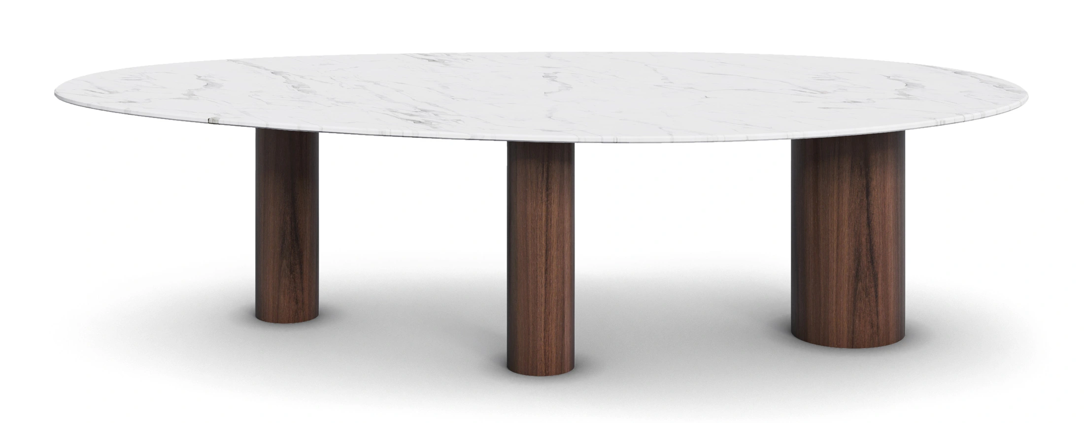 Elodie dining table by Nolita Harbour, showcasing a modern design with three legs in rich walnut wood and a sleek Estremoz marble top