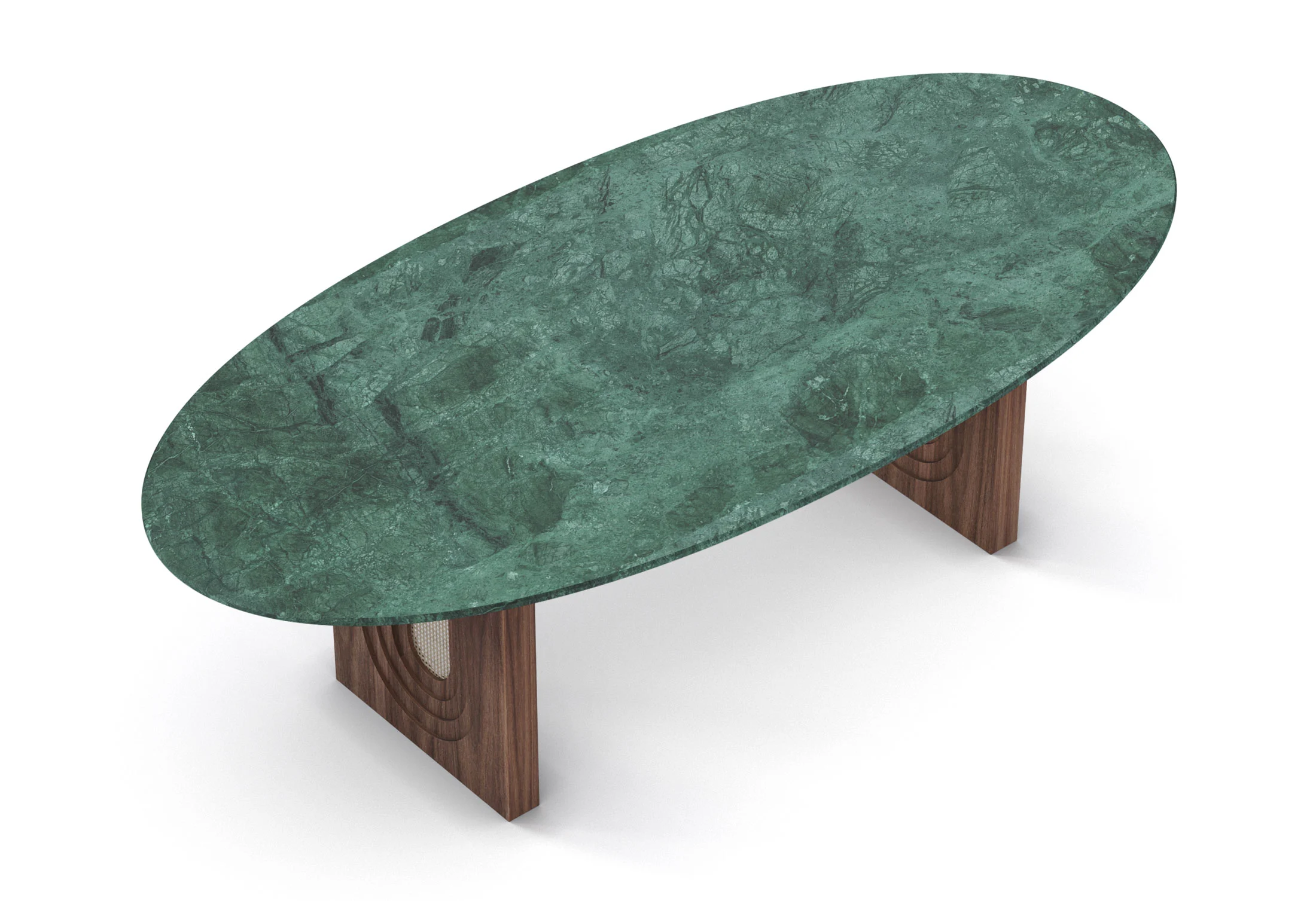 Oval Emerald Dining Table by Nolita Harbour with a luxurious Guatemala marble top and walnut legs accented with straw.