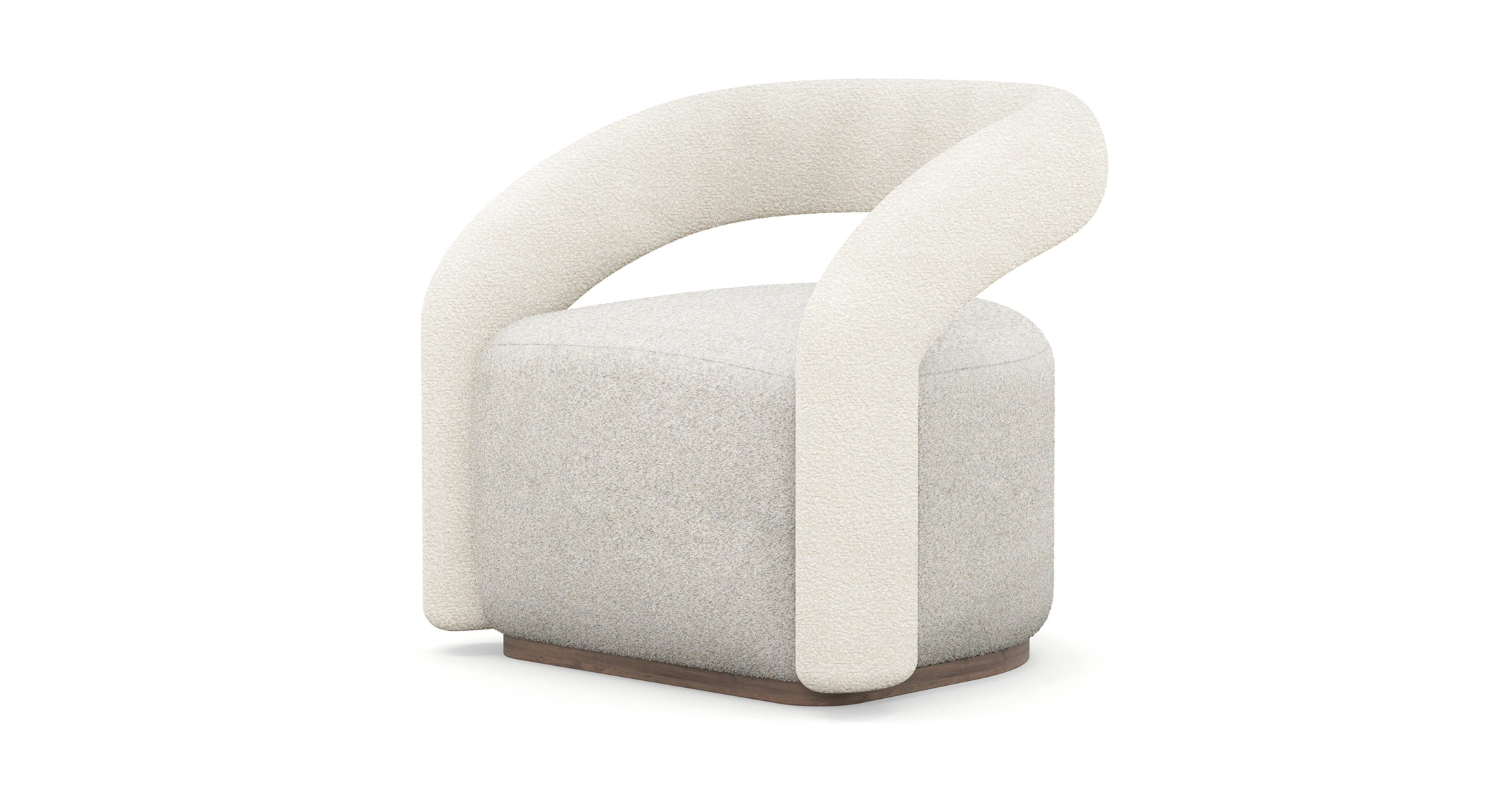 A stylish Emma Armchair with tubular armrests and backrest, featuring a fluffy seat, all upholstered in boucle. The chair combines modern design with cozy comfort.