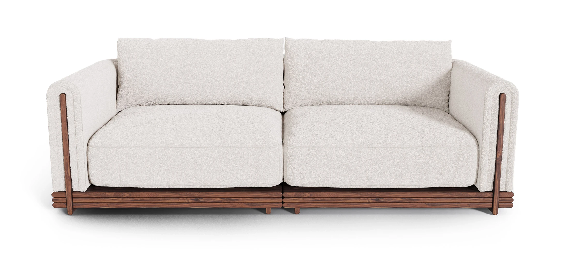 Eva Sofa by Nolita Harbour, featuring boucle upholstery and walnut frame, showcasing modern elegance and comfort for stylish living spaces.