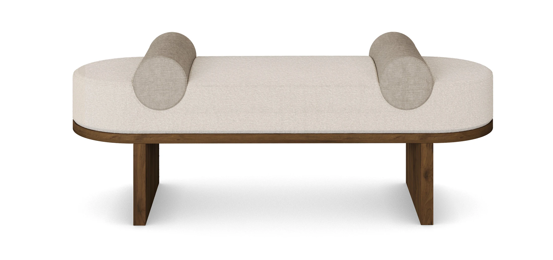 Front view of Grace Bench showcasing its sleek design and walnut base