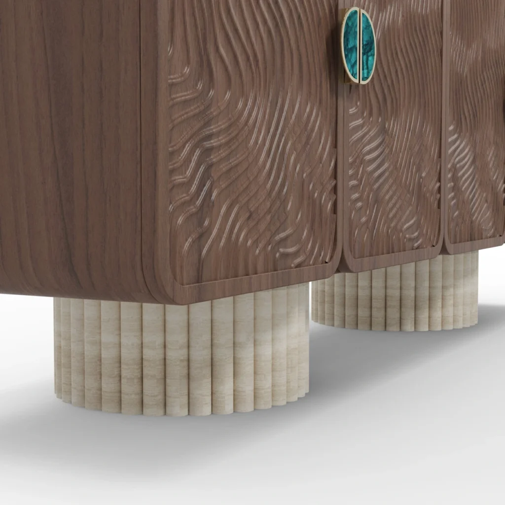 Nolita Harbour Henry Luxury Sideboard with a walnut structure, ribbed travertine legs, and ceramic handles.