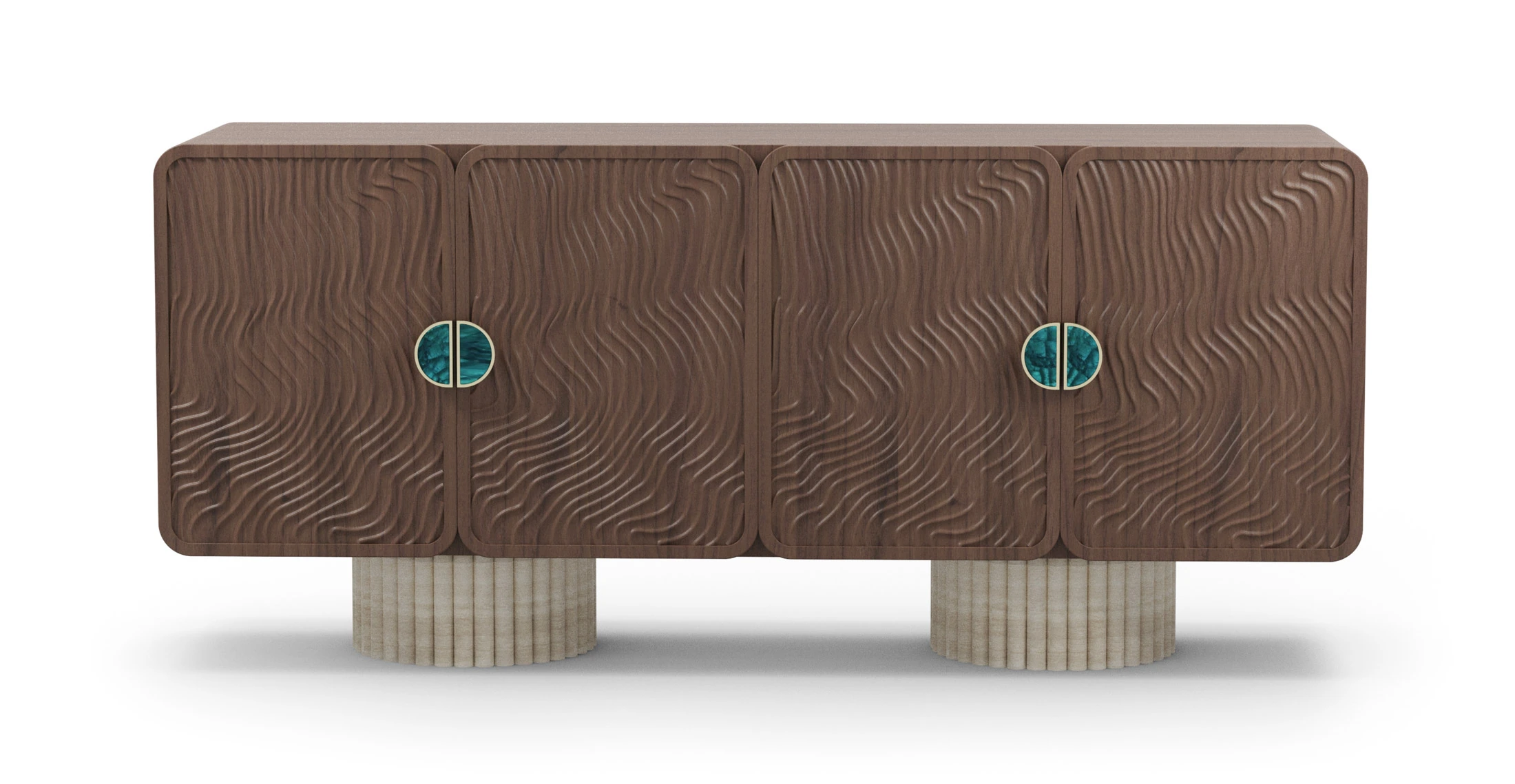 Nolita Harbour Henry Luxury Sideboard with a walnut structure, ribbed travertine legs, and ceramic handles.