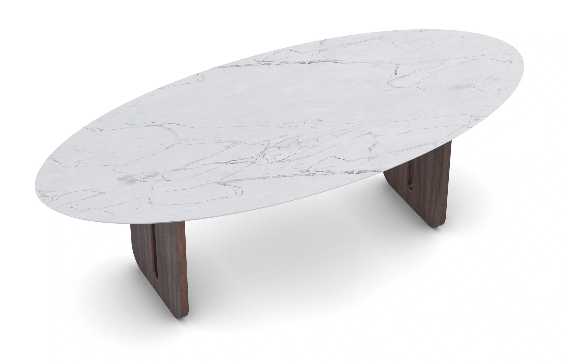 Juliette dining table showcasing an Estremoz marble top with elegant veining patterns, resting on two walnut legs. Each leg features a distinctive tear-shaped cutout in the center, adding a modern touch to its classic design.