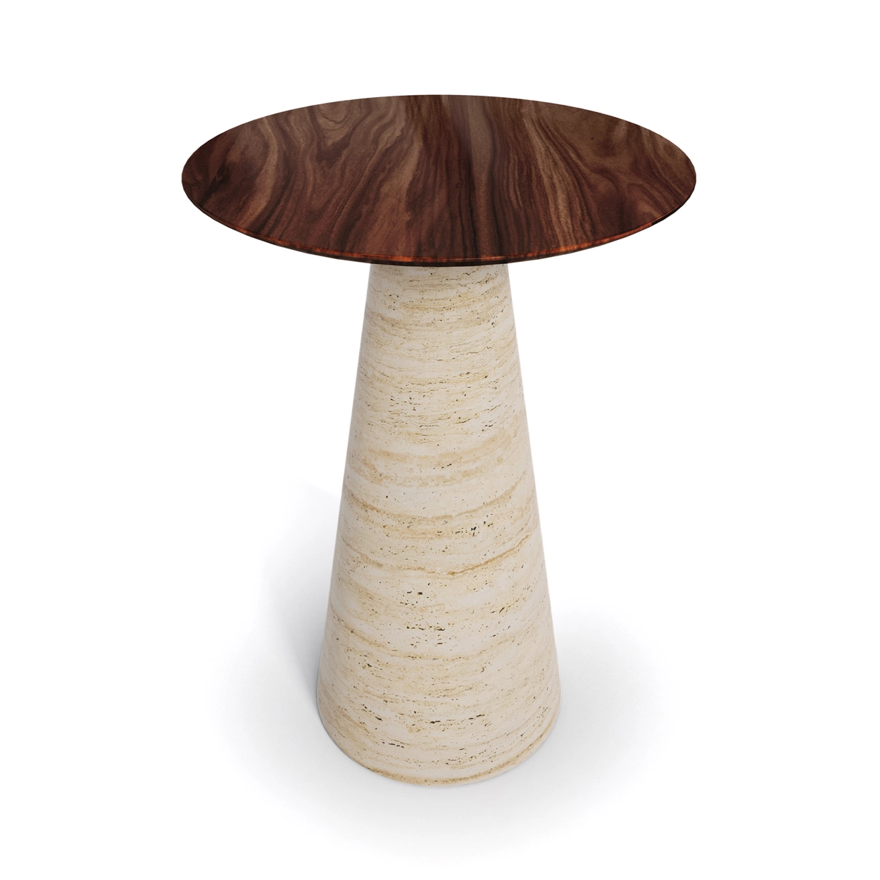 A minimalist side table named Lotte, featuring a conical travertine base and a matte walnut top. The base is elegantly tapered and supports a smooth, circular walnut surface, creating a blend of natural textures and modern design elements.