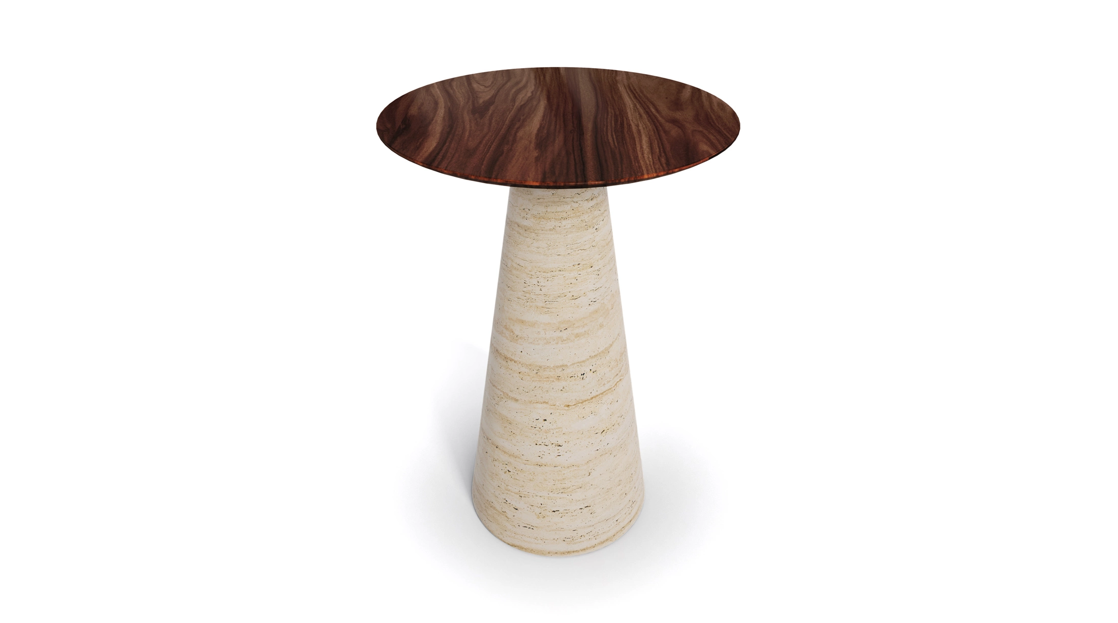 A minimalist side table named Lotte, featuring a conical travertine base and a matte walnut top. The base is elegantly tapered and supports a smooth, circular walnut surface, creating a blend of natural textures and modern design elements.