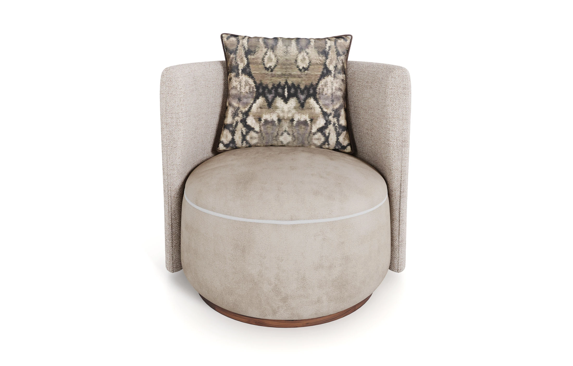 A chic Lucie Armchair with a linen back, a velvet seat featuring white piping, and a modern design. The chair exudes glamour and elegance.